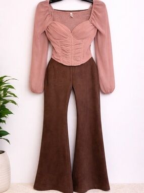 Blush Corset Top & Brown Flare Pants | Chic 2-Piece Outfit